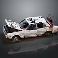 Rusted Old Car With Damaged Body And Open Hood On Dark Background