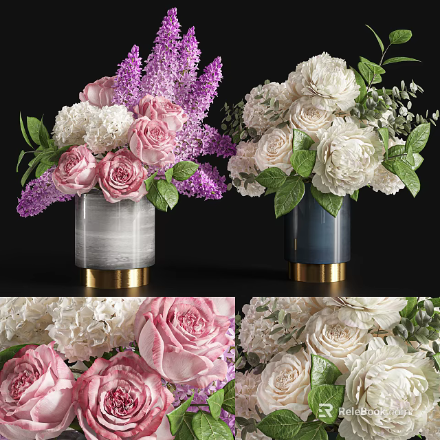Blue And Gray Vases with Pink Roses Purple Lilacs White Peonies Gold Base Green Leaves 3d model 