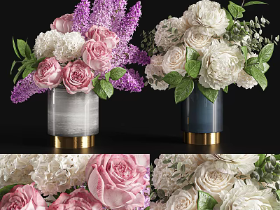 Blue And Gray Vases with Pink Roses Purple Lilacs White Peonies Gold Base Green Leaves 3d model
