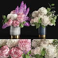 Blue And Gray Vases with Pink Roses Purple Lilacs White Peonies Gold Base Green Leaves
