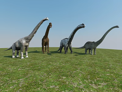 Four Different Colored Dinosaurs Standing On Green Grassland Under Blue Sky 3d model