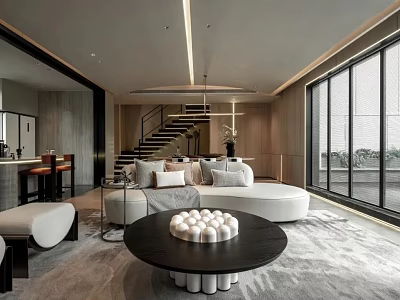 Modern Living Dining Room Interior With Open Layout Sofa Coffee Table And Large Windows 3d model