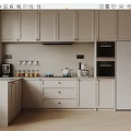 Modern Kitchen Interior With Light Colored Cabinets Countertop Coffee Maker Jars Refrigerator And Oven 3d model