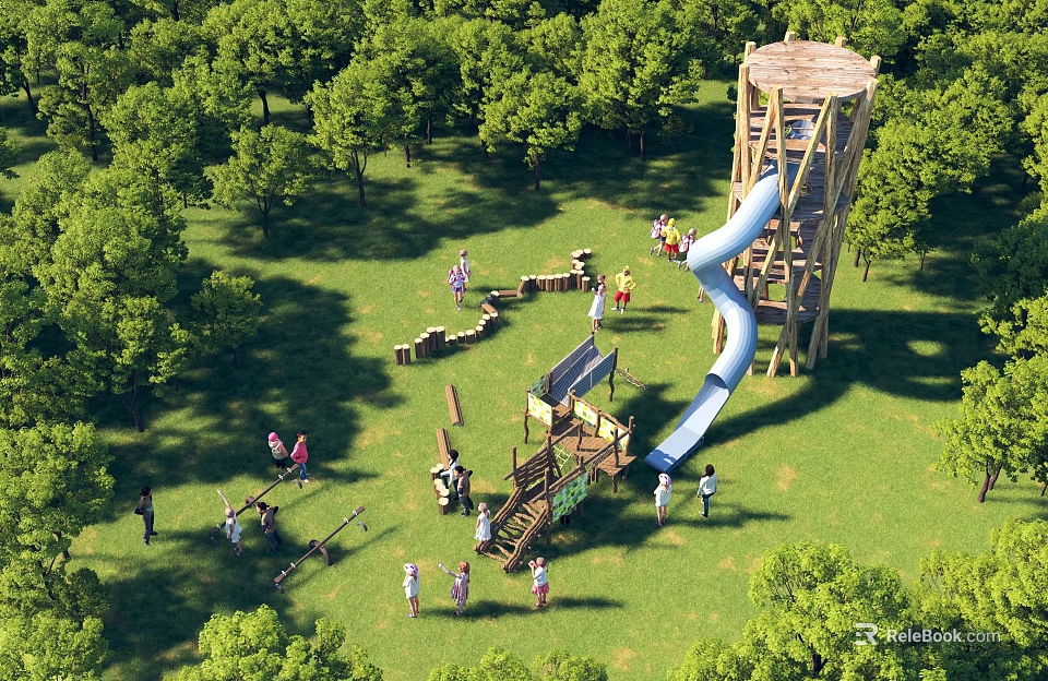 Outdoor Playground With Wooden Slide Tower Green Grass Trees And People Playing 3d model 