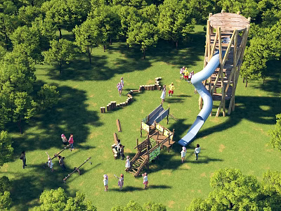 Outdoor Playground With Wooden Slide Tower Green Grass Trees And People Playing 3d model