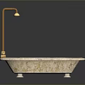 Elegant Cream Marble Bathtub With Golden Curved Faucet And Base Design