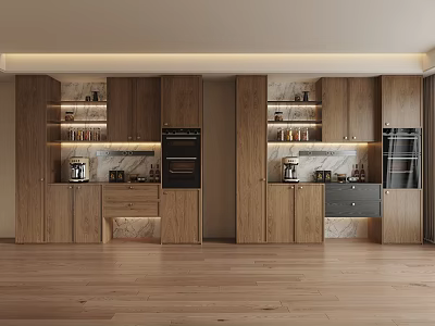 Modern Kitchen Wooden Wine Cabinet With Glass Doors And Marble Countertops 3d model
