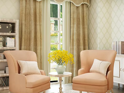 Warm Living Room with Round Coffee Table Between Peach Armchairs Yellow Flowers and Beige Curtains 3d model