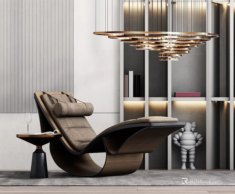Elegant Modern Lounge Chair With Wooden Frame Upholstered Seat And Side Table Wine Glass Book 3d model 