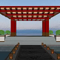 Waterfront Pavilion With Red Columns Grid Pattern Lit Roof And Greenery Reflections 3d model