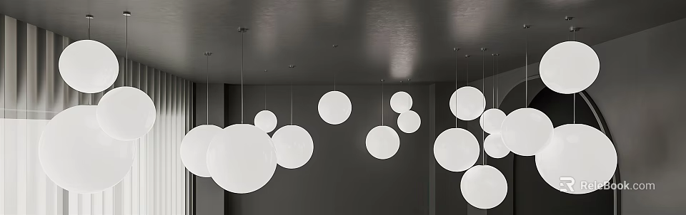 Modern White Round Pendant Lights Hanging From Ceiling In Interior Space 3d model