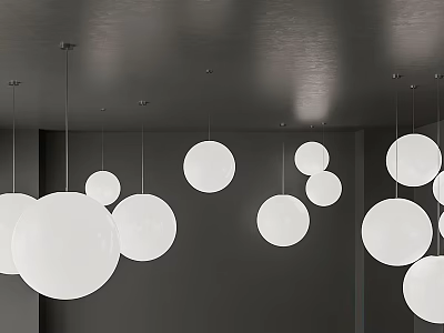 Modern White Round Pendant Lights Hanging From Ceiling In Interior Space 3d model