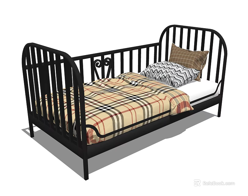 Black Metal Frame Single Bed with Plaid Quilt and Decorative Pillows 3d model 