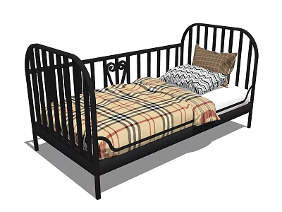 Black Metal Frame Single Bed with Plaid Quilt and Decorative Pillows 3d model
