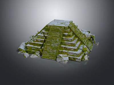 Cartoon Style Ancient Pyramid Scene with Green Moss Covered Steps and Scattered Stones 3d model