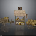 Traditional Rice Shop Scene With Wooden Stall Rice Signboard Sacks And Wooden Cart