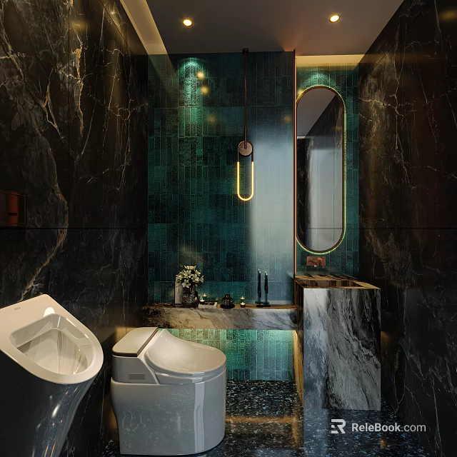 Premium Public Toilet With Luxury Natural Marble And Teal Ceramic Tiles Stylish Modern Interior Design 3d model 