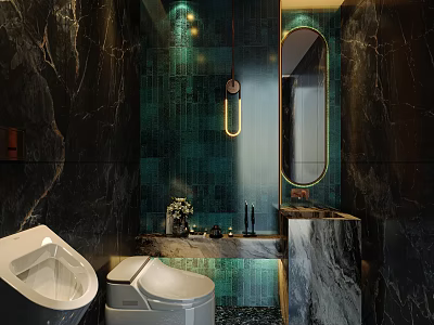Premium Public Toilet With Luxury Natural Marble And Teal Ceramic Tiles Stylish Modern Interior Design 3d model