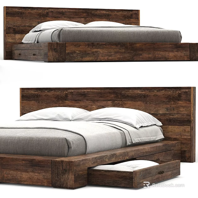 Modern Wooden Double Bed With Headboard And Drawer Storage Design 3d model 