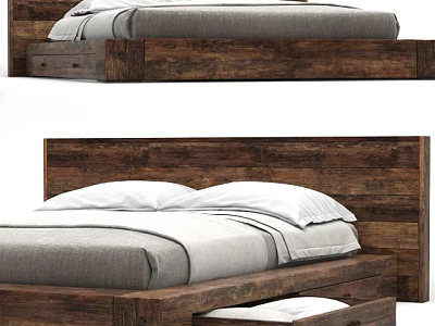 Modern Wooden Double Bed With Headboard And Drawer Storage Design 3d model