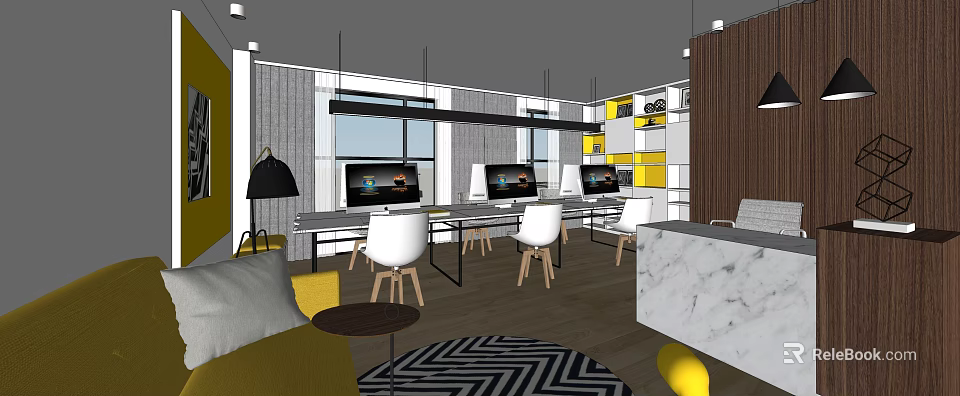 Modern Public Office Space Design With Workstations Computer Monitors White Chairs And Large Windows 3d model