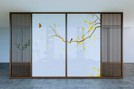 New Chinese Style Screen Zen Screen Partition Carved Partition Wooden Partition Flower and Bird Picture 3d model