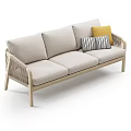 Modern Three Seater Sofa With Wooden Frame Linen Upholstery And Rattan Armrests
