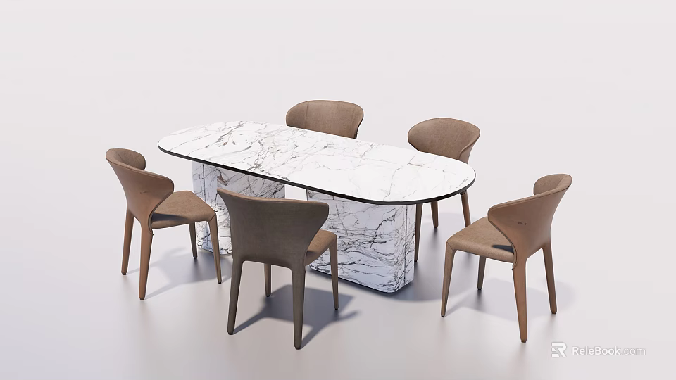Modern Dining Table Set With Marble Top And Six Brown Dining Chairs 3d model