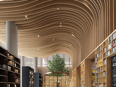 Lounge Area With Wooden Wavy Ceiling Open Space Bookshelves And Central Tree 3d model
