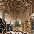 Lounge Area With Wooden Wavy Ceiling Open Space Bookshelves And Central Tree