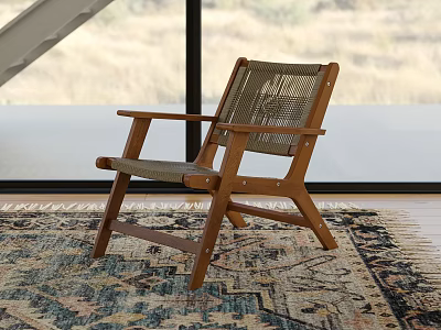 Wooden Leisure Chair With Woven Seat Back On Patterned Rug By Window With Outdoor View 3d model