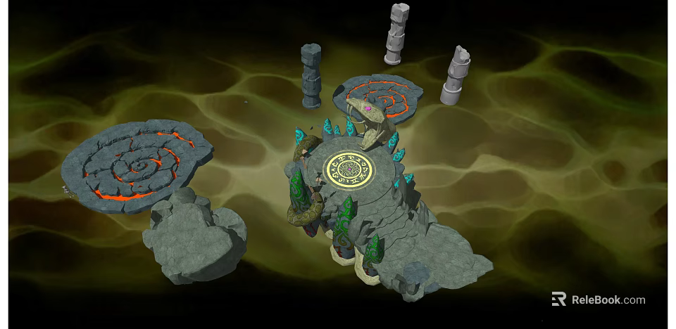 Mystical Stone Platform With Circular Patterns Green Plants And Stone Pillars 3d model 