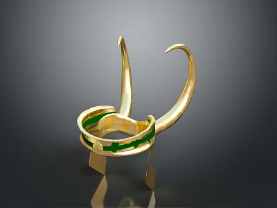 Golden Weapon Design with Curved Hooks and Green Accents on Base Stand 3d model