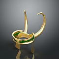 Golden Weapon Design with Curved Hooks and Green Accents on Base Stand