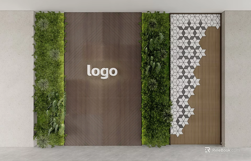 Interior Wall Design With Logo Green Plants Textured Panel And Geometric Pattern 3d model