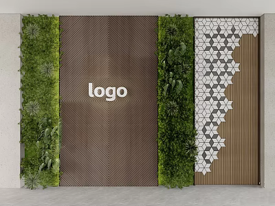 Interior Wall Design With Logo Green Plants Textured Panel And Geometric Pattern 3d model