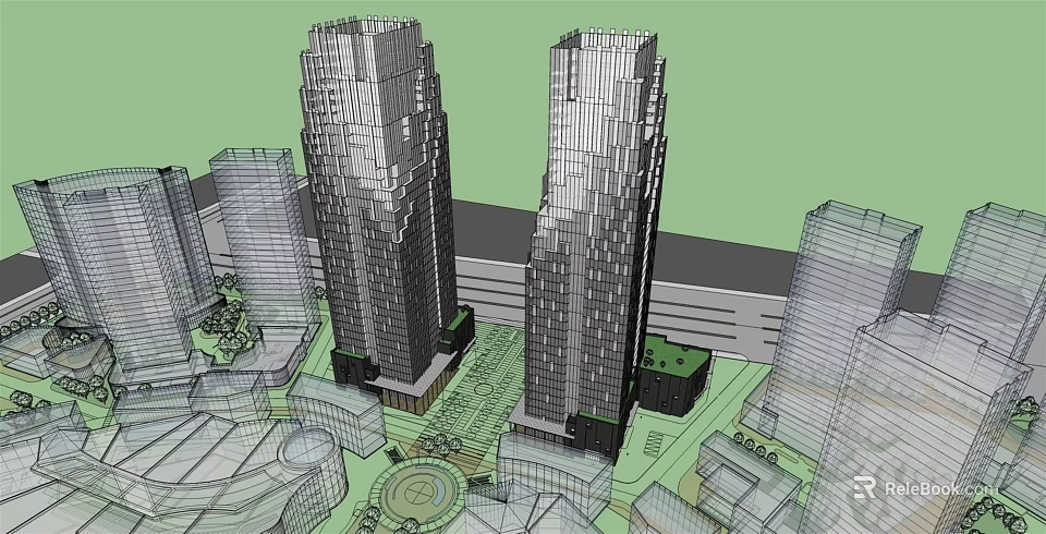 Modern Twin Tall Office Buildings In Urban City With Green Spaces And Architecture 3d model 