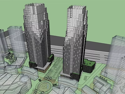 Modern Twin Tall Office Buildings In Urban City With Green Spaces And Architecture 3d model