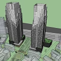 Modern Twin Tall Office Buildings In Urban City With Green Spaces And Architecture