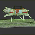 Decorative Pig Carousel Sculpture With Red Saddle Blue White Body Metal Frame And Stone Base