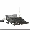 Modern Double Bed with Gray Bedding White Pillows Side Table Lamp and Plant