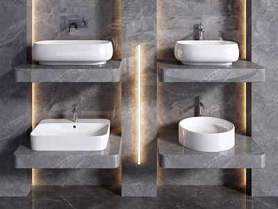 Stylish Square And Round Washbasins On Gray Marble Wall Mounted Shelves With Built In Lighting 3d model