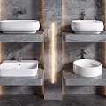 Stylish Square And Round Washbasins On Gray Marble Wall Mounted Shelves With Built In Lighting