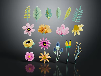 Colorful Plant Elements with Leaves and Flowers Various Shapes Colors on Black Background Design Material 3d model
