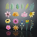 Colorful Plant Elements with Leaves and Flowers Various Shapes Colors on Black Background Design Material