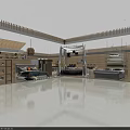 Modern Home Showroom Interior With Bed Sofa And Wooden Shelves