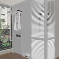 Clean Modern Entryway Interior With Hanging White Shirt Louvered Blinds And Whirlpool Washer Dryer
