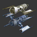 Two Metallic Mechanical Devices With Solar Panels And Engine Structures