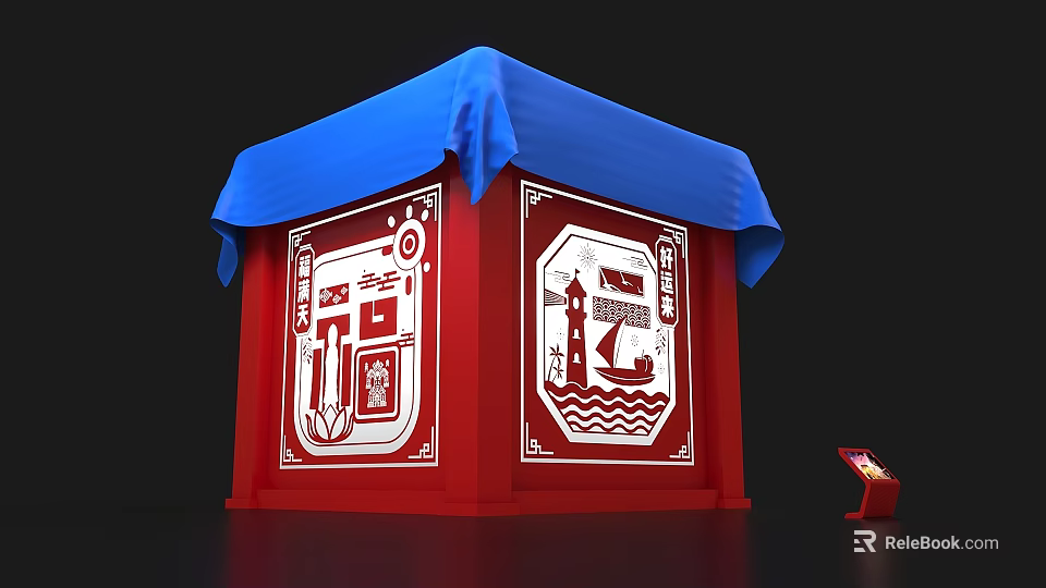 Red Decorative Cubic Structure With Blue Cloth Cover And White Paper Cut Patterns 3d model