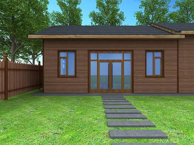 Wooden House Exterior Design With Green Lawn Stone Pathway And Surrounding Trees 3d model